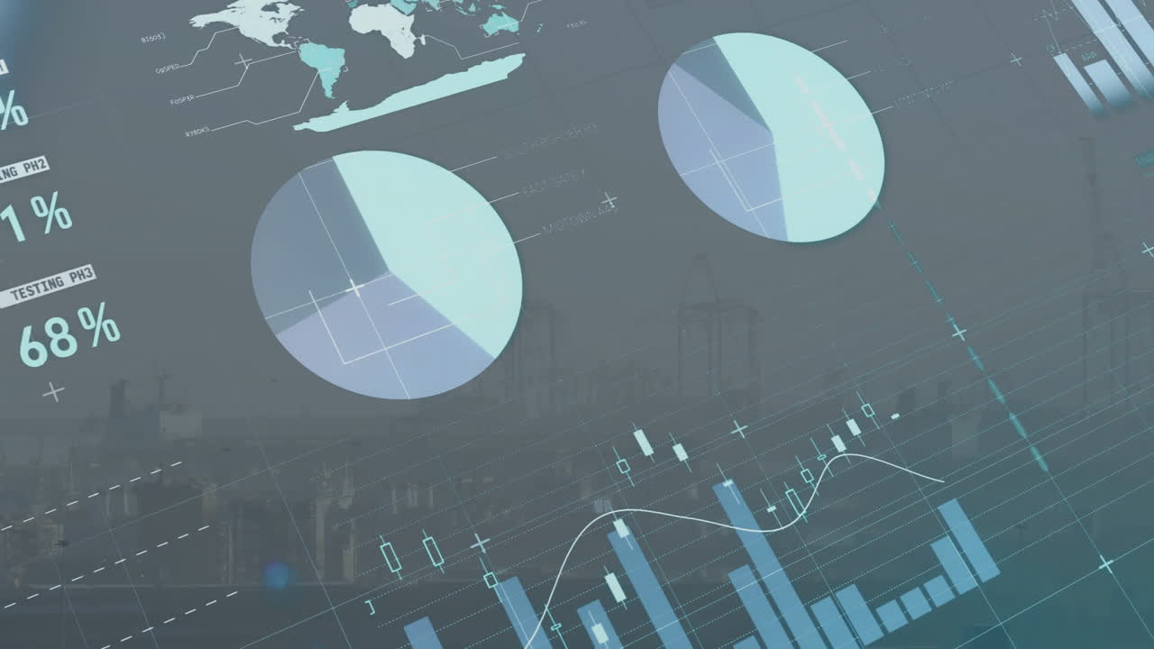 Displaying financial data analysis with graphs and charts over cityscape animation