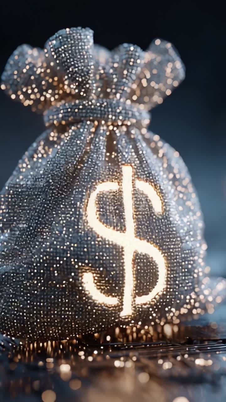 Borsa di denaro illuminata che brilla di luci, simbolo di ricchezza e abbondanza in un ambiente affascinante, che cattura l'essenza del successo finanziario e della prosperità