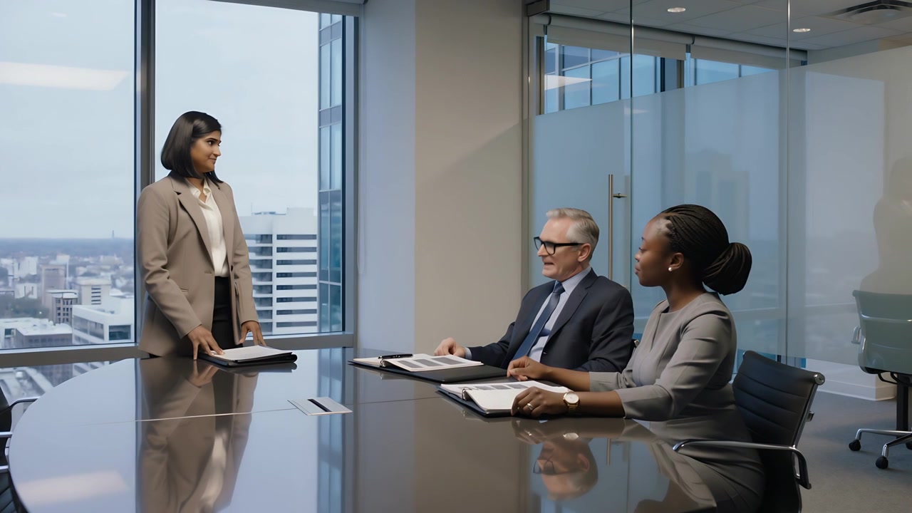 Placing folder, Asian woman in beige suit presenting proposal at highrise meeting room, open binder
