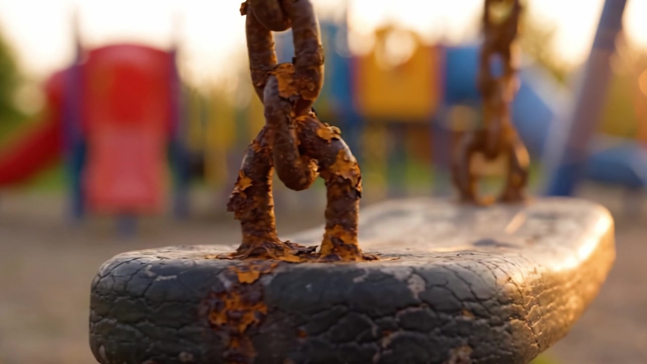 Et nostalgisk gyngestativ ved solnedgang: Der fanger skønheden og sliddet fra barndomsminder med gamle rustne kæder og falmet maling i en legepladsindstilling.