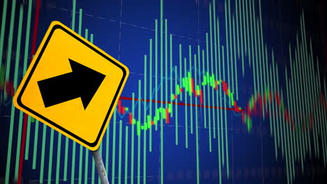 animación del procesamiento de datos financieros y señal de tráfico sobre fondo azul