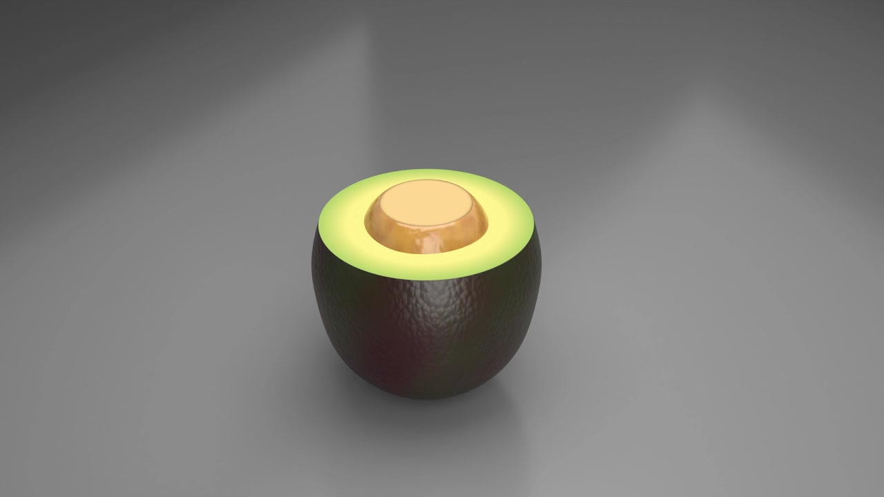 Rendering di animazione 3D di alimenti biologici salutari, fette di avocado maturo in loop, filmato 4K.