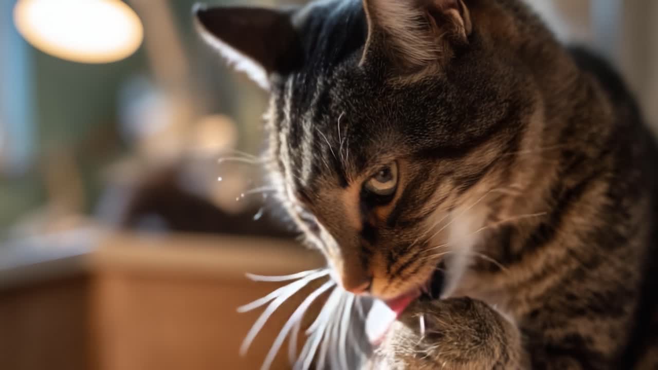 A Cat's Intimacy: Capturing the Delicate Moment of Grooming as Feline Whiskers and Gentle Licks Create an Atmosphere of Comfort and Care