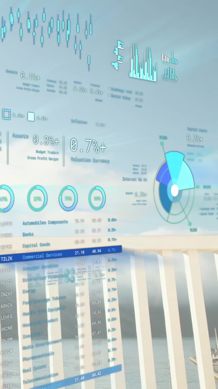 Vertical video: Device panning right, AR dashboard updating charts and table for market monitoring