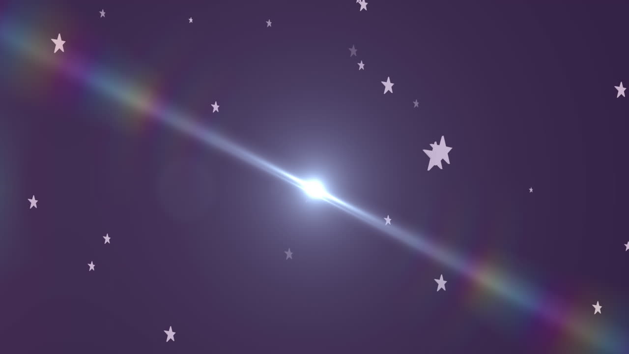 Animazione di numerose stelle bianche che cadono su sfondo viola con luce brillante.