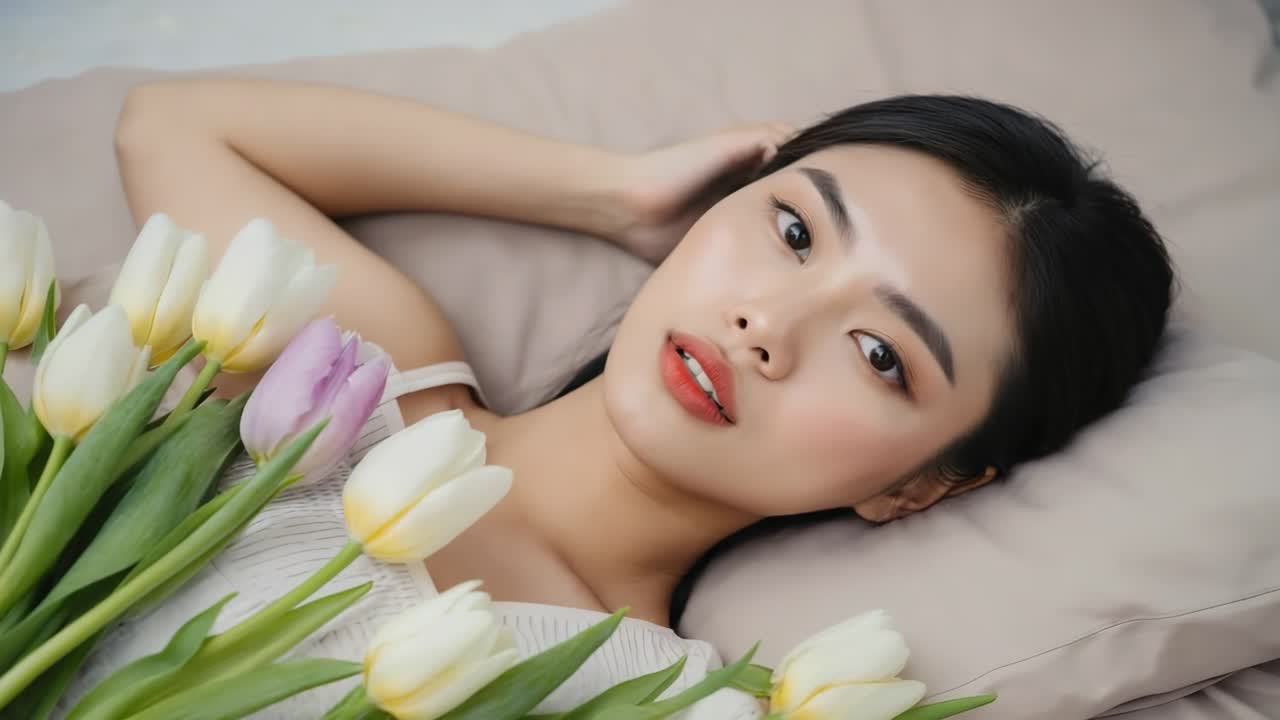 チューリップに囲まれて横たわる美しい女性のポートレート