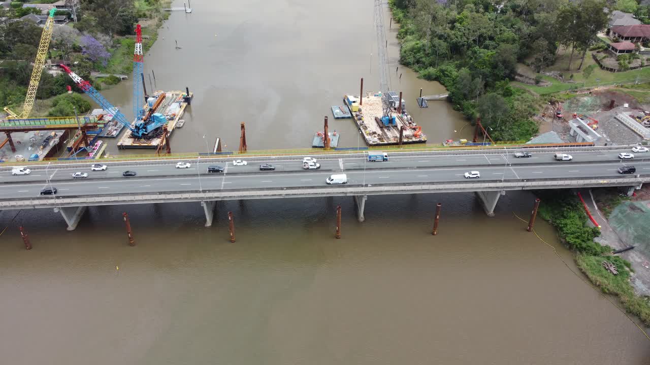 Aerial View of Bridge Construction over a River