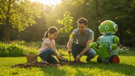 a caring moment in nature: a man, a young girl, and a robot collaborate to plant a tree in a beautiful garden, promoting environmental stewardship and technology integration