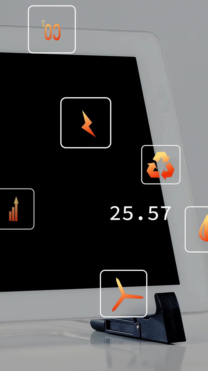 Vertical video: Power waking white tablet, icons popping, shifting, readouts changing, showing CO2