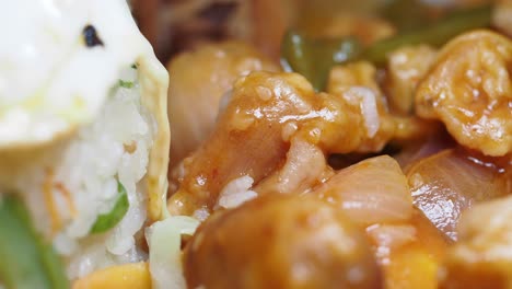 close-up of a chicken stir-fry with rice