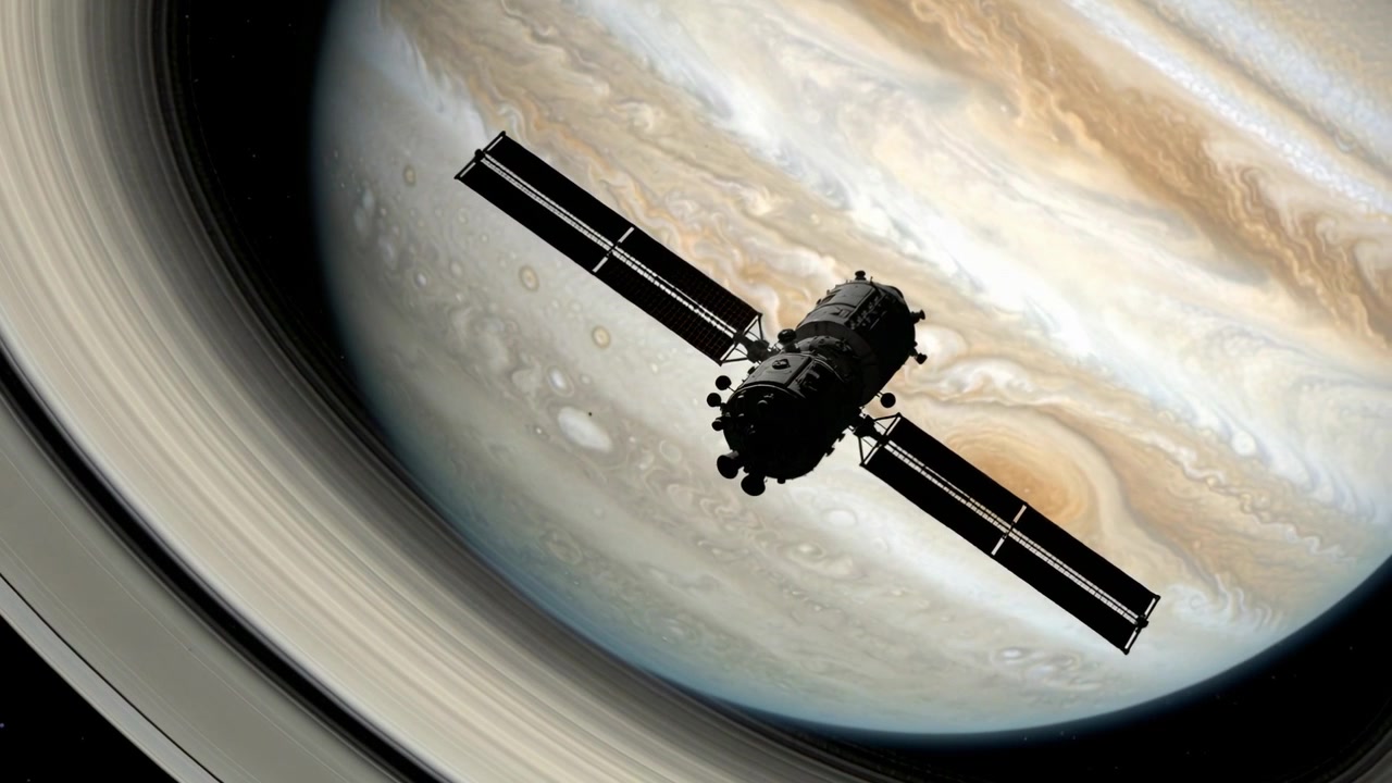 Camera tracking spacecraft drifting, rotating around gas giant with rings and panels for study