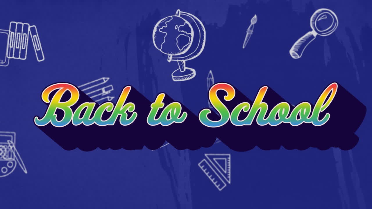 학교로 돌아가는 텍스트와 학교 아이템 아이콘의 애니메이션 파란색 배경