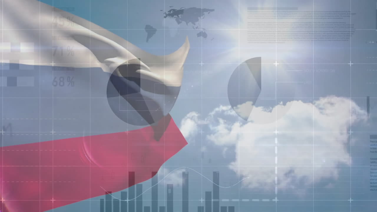 анимация флага россии над голубым небом и графики обработки данных