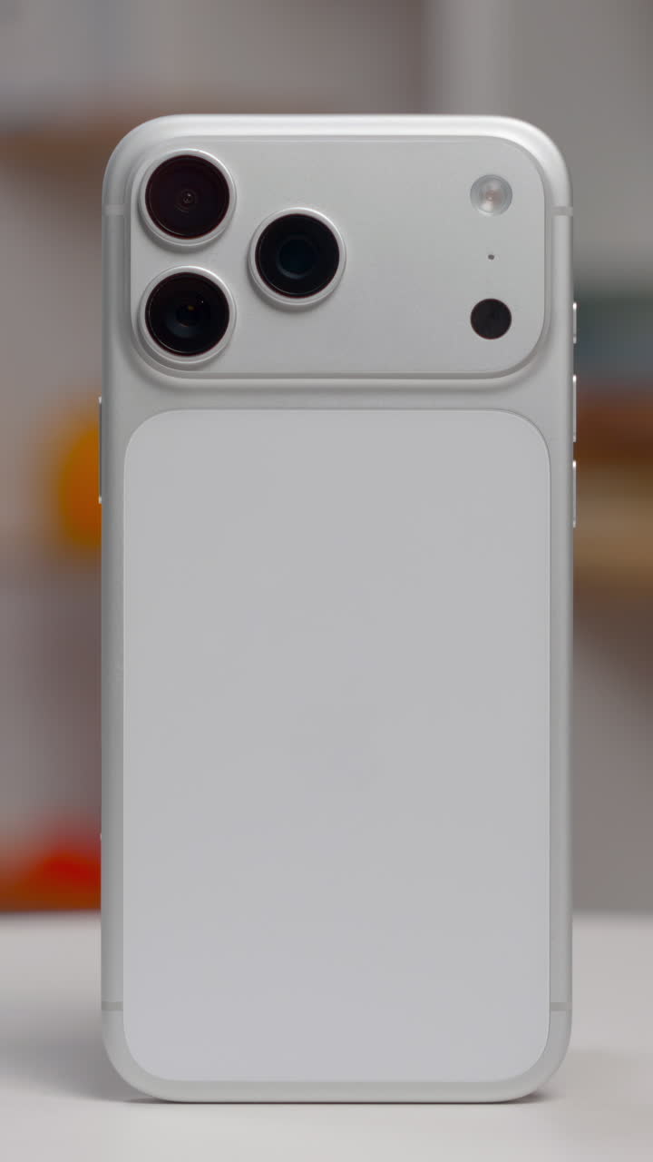 Close up of a new conceptual white smartphone with an advanced camera system standing on a table. Action