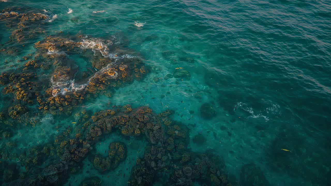 Mostra una barriera corallina curva ad anello che rivela le sommità dei coralli vicino alla riva, con onde che spingono una boa gialla