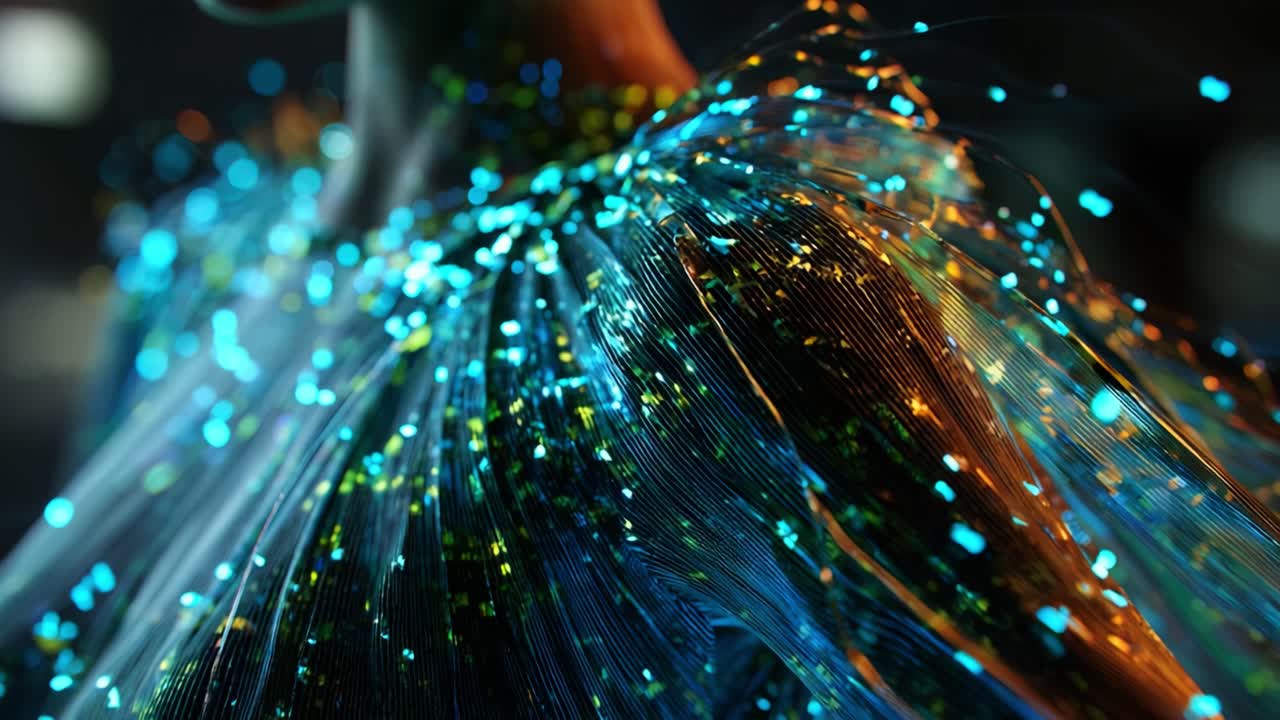 A Stunning Display of Light and Texture: The Captivating Design of a Sparkling Dress with Vibrant Blue and Green Accents, Highlighting Innovation and Aesthetic Beauty