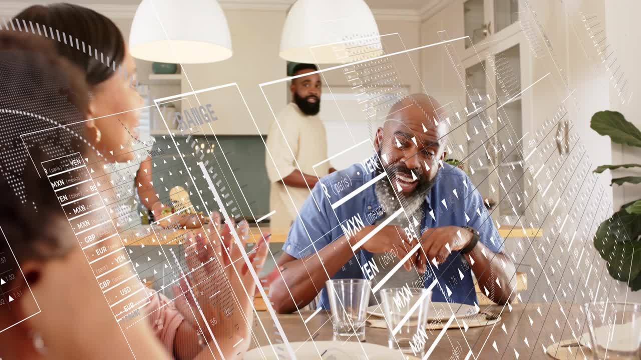Seated man gesturing, server bringing platters starting home dining, data diagrams overlaying scene