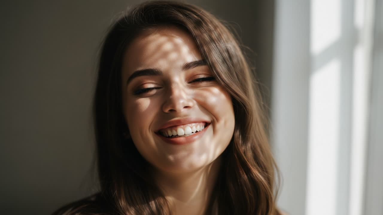 A beautiful woman with a radiant smile basking in soft, natural light, creating enchanting shadows on her face, evoking warmth and joy in a serene atmosphere