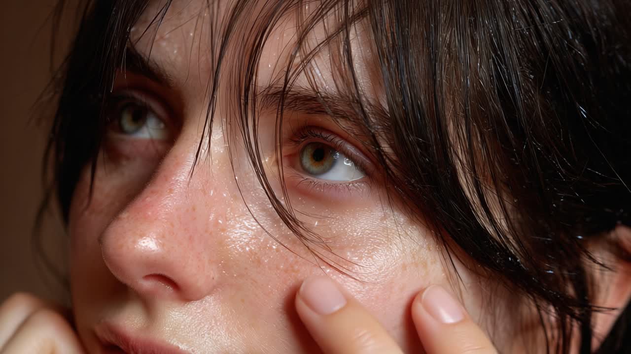 Intimate Close-Up of a Person's Face Capturing Raw Emotion and Natural Beauty with Soft Lighting and a Focus on Skin Texture and Expression