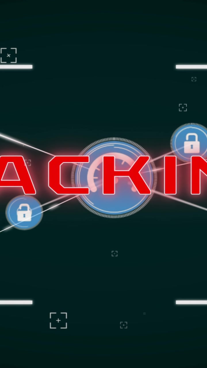 Animation von Hacking-Text, einem Verbindungsnetzwerk mit Symbolen und Datenverarbeitung