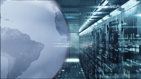 animation of spinning globe and data processing against computer server room