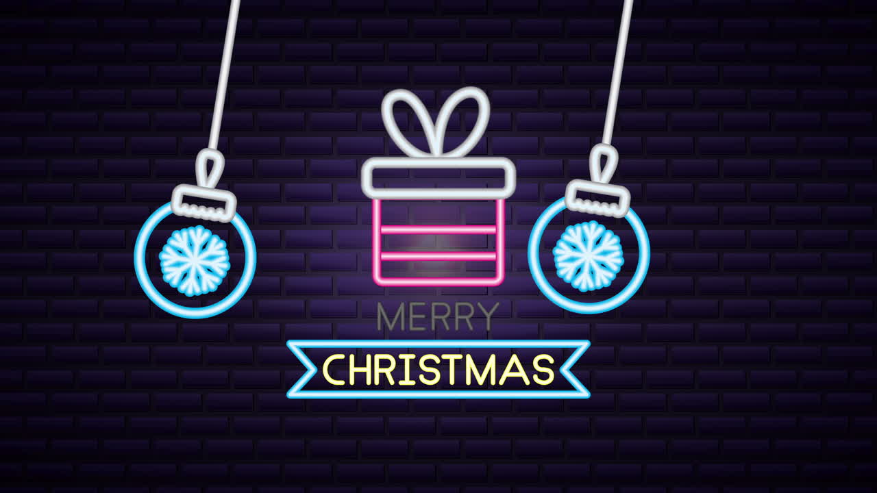 etiqueta de luz de neón de navidad con regalo y bolas