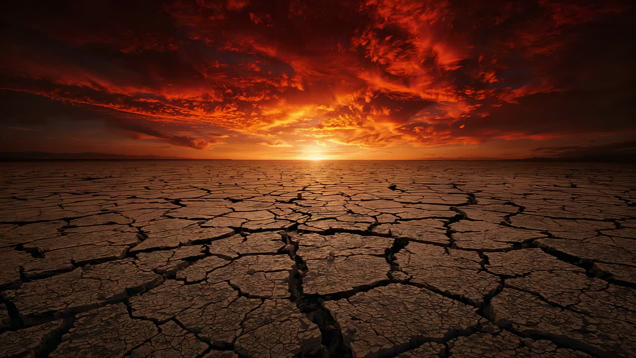 Bagliore del sole che illumina un terreno arido e screpolato che si estende fino all'orizzonte all'alba, con nuvole rosso-arancio