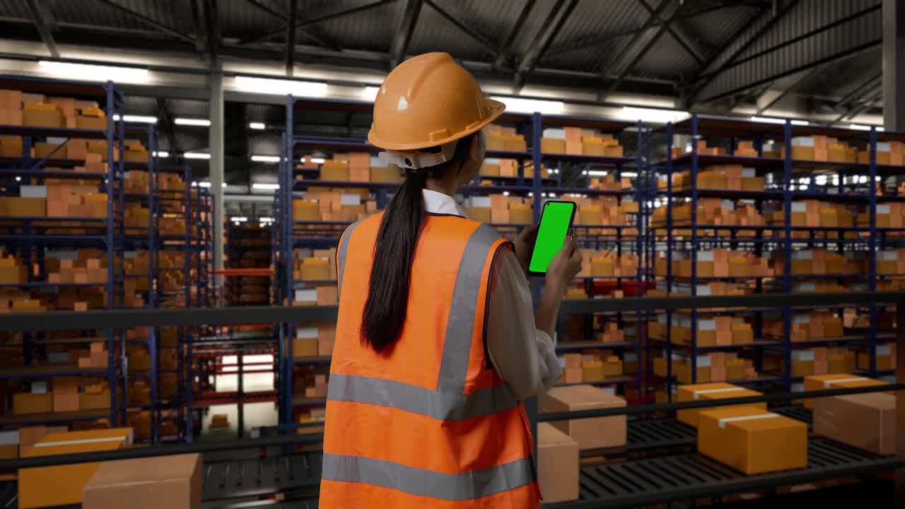 trabajador de almacén inspeccionando el inventario con un teléfono inteligente