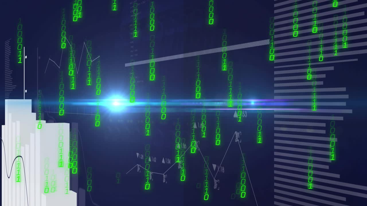 Binary streams falling, data chart animating, bars rising, trend tracing, flare showing trends