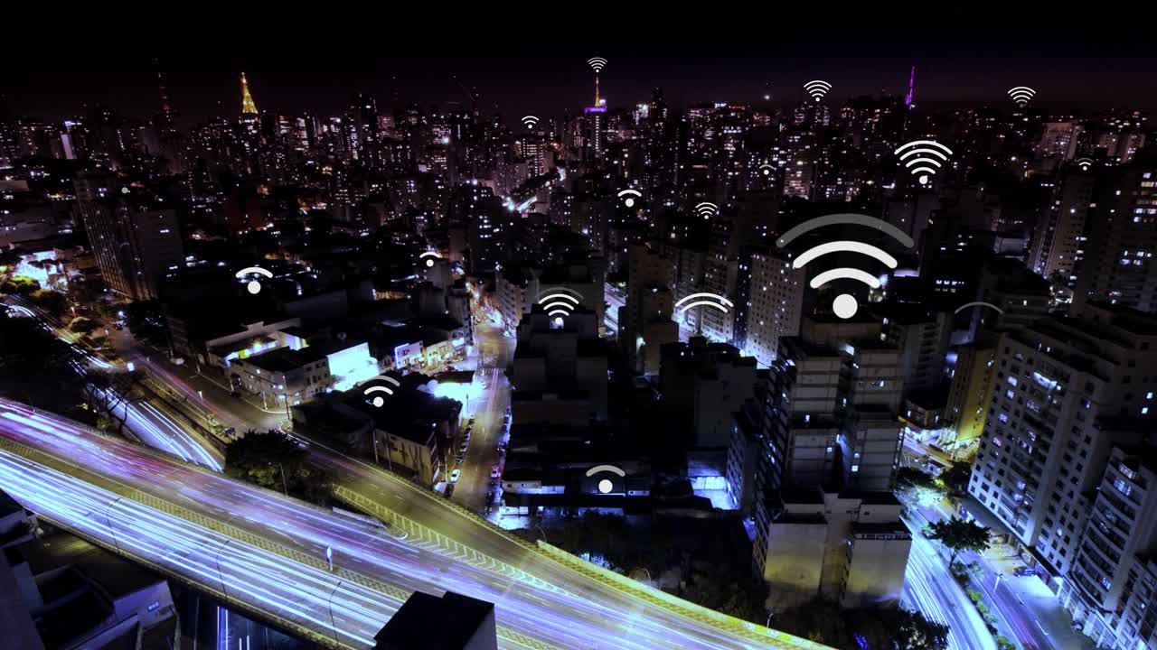 São Paulo city connected with WiFi network. Concept of telecommunications, wireless technology, 5G network, cloud computing, data communication, 4K time lapse