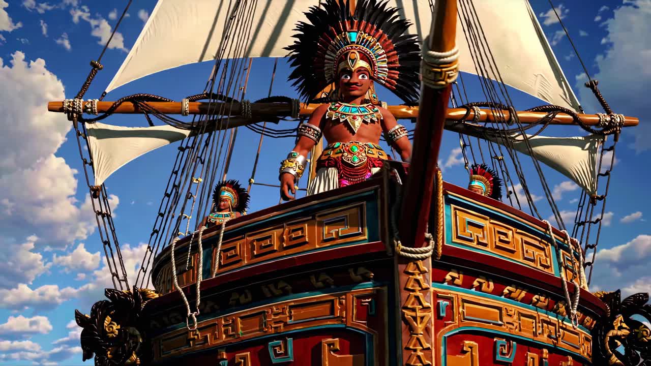 barco de estilo azteca con tripulación indígena