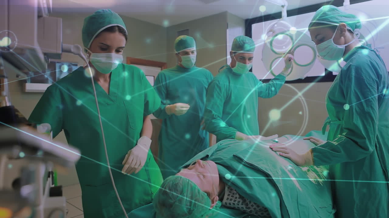 Animazione di connessioni su chirurghi donne e uomini caucasici durante un'operazione.