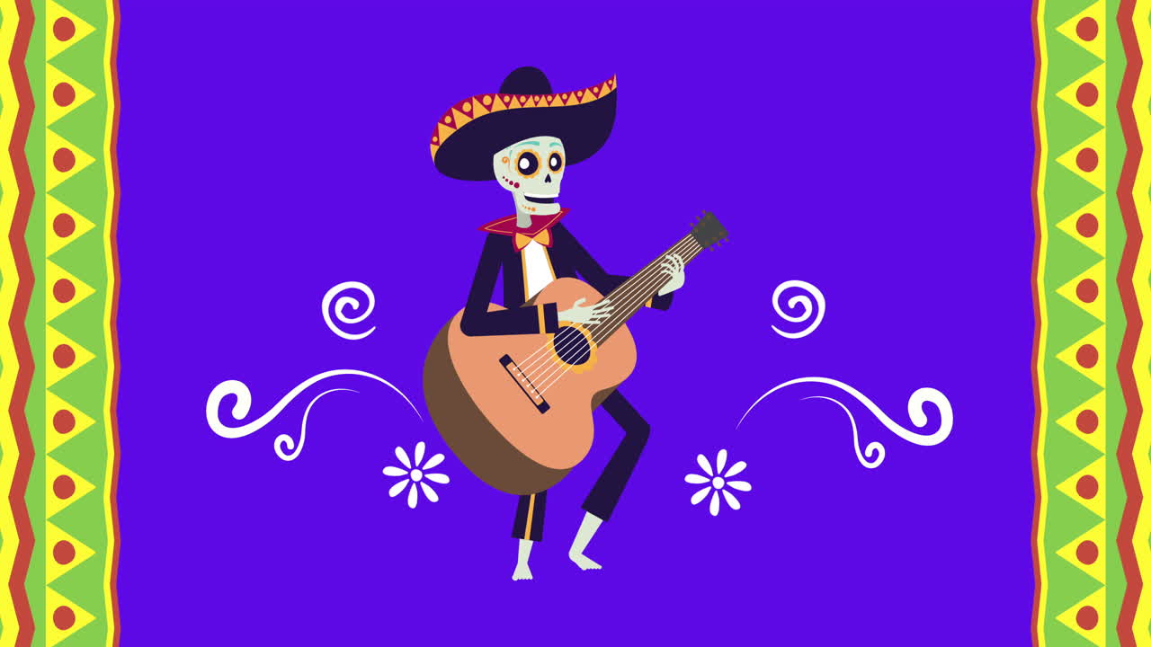 animazione viva mexico con skull mariachi che suona la chitarra