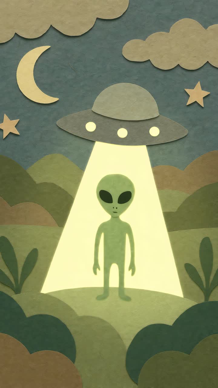 Estilo caprichoso de recorte de papel de um alienígena e um OVNI sob uma lua crescente.