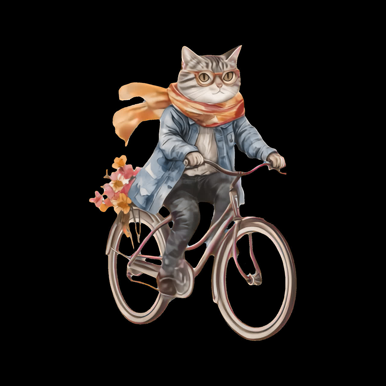 Stylish cat cycling adventure animation isolated asset, transparent 4K video, alpha channel, ProRes