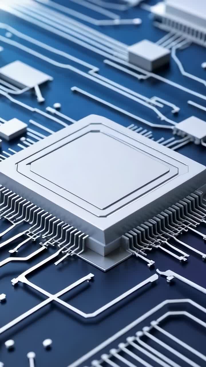 Vertical video: Zooming lens revealing silver microchip on blue PCB, highlighting metal traces