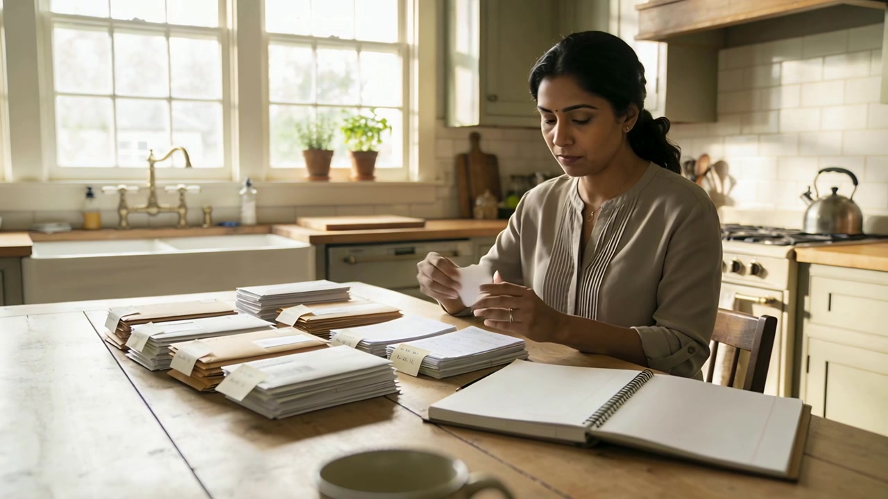 Sitting Indian woman wearing beige blouse filing envelopes at kitchen table notebook for bills