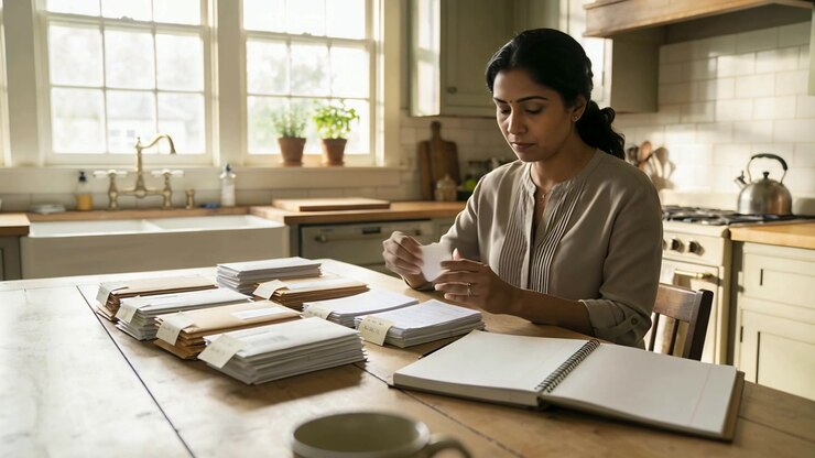 Sitting Indian woman wearing beige blouse filing envelopes at kitchen table notebook for bills