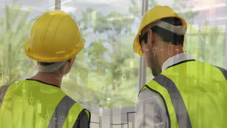 animation of statistics processing over male and female architect holding plans at construction site