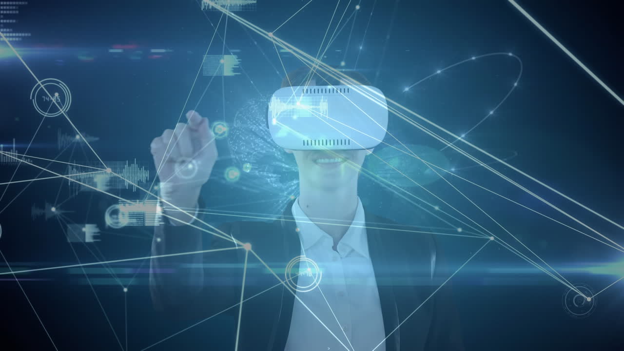 3d 인터랙티브 스크린을 사용하여 vr 헤드 ⁇ 을 착용한 백인 여성의 애니메이션