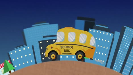 Animation-of-yellow-school-bus-and-school-icons-over-cityscape