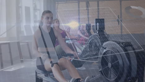 animation of financial data processing over diverse people exercising in gym