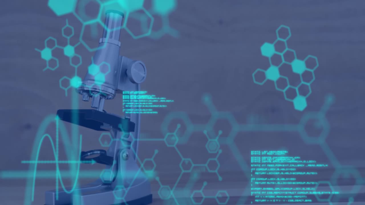 animación de procesamiento de datos médicos y estructuras de compuestos químicos con microscopio en el fondo