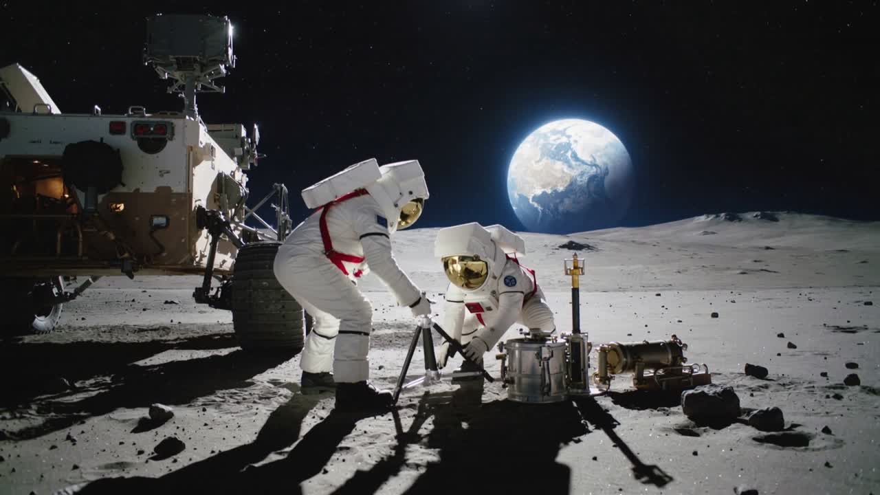 ローバー停止後、白い宇宙服を着た乗組員が月面で三脚を伸ばし、装置を固定する。