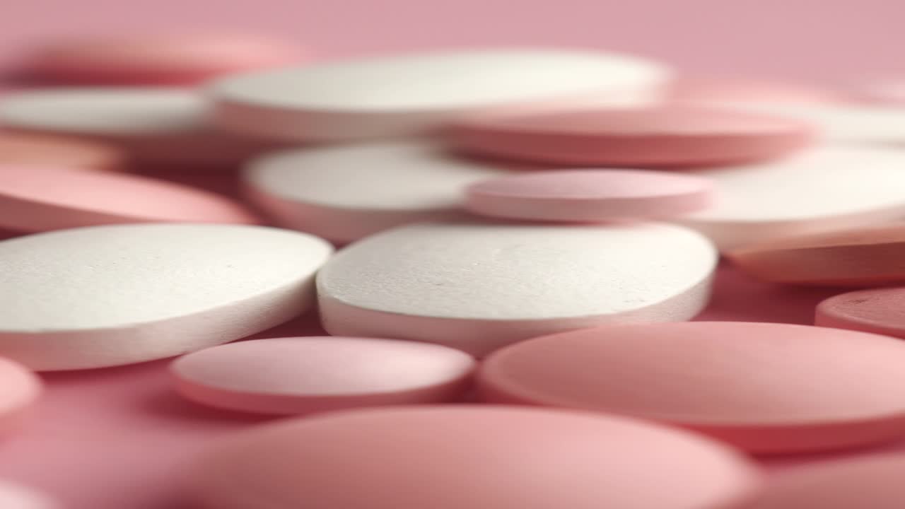 분홍색과 색의 다양한 알약의 클로즈업