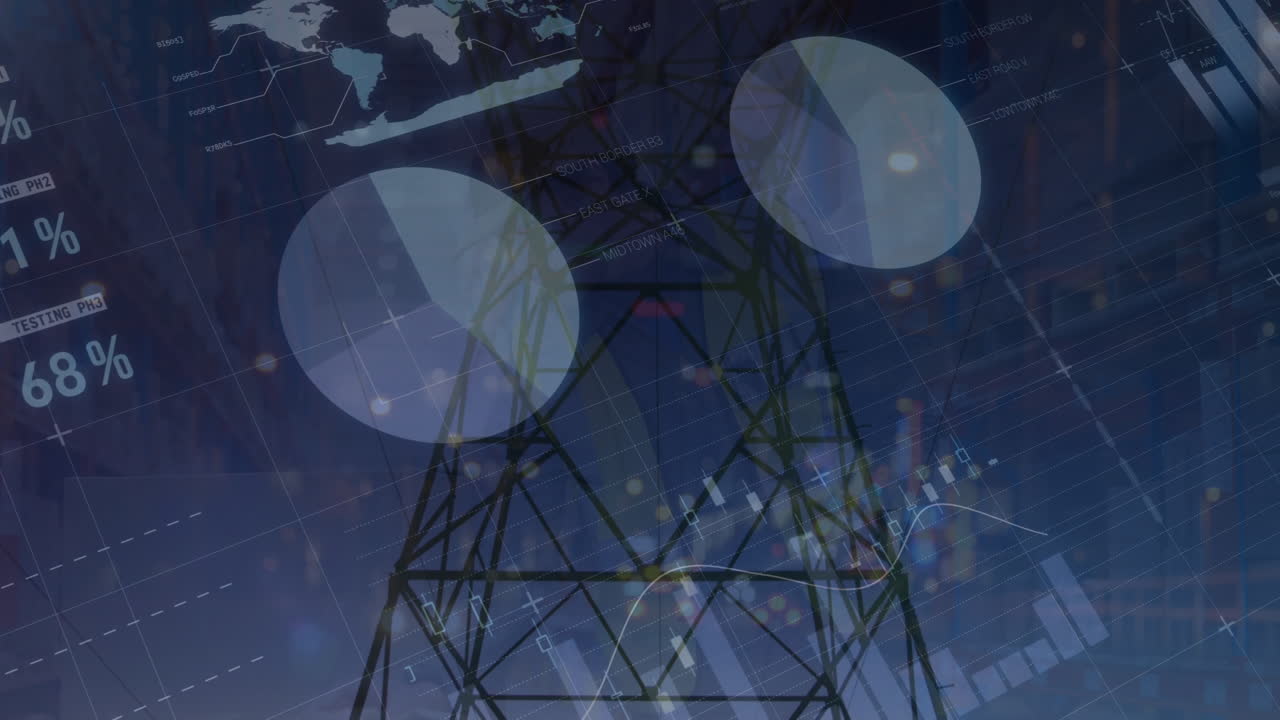 animación de gráficos y datos financieros sobre el poste de electricidad al anochecer
