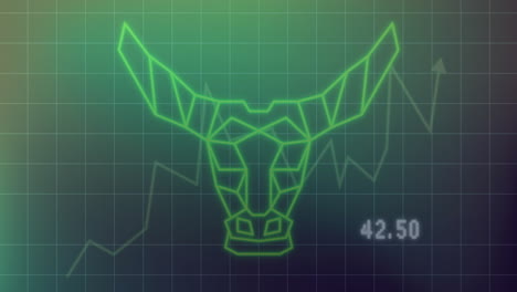 animation of bull head over stock market chart with number 42