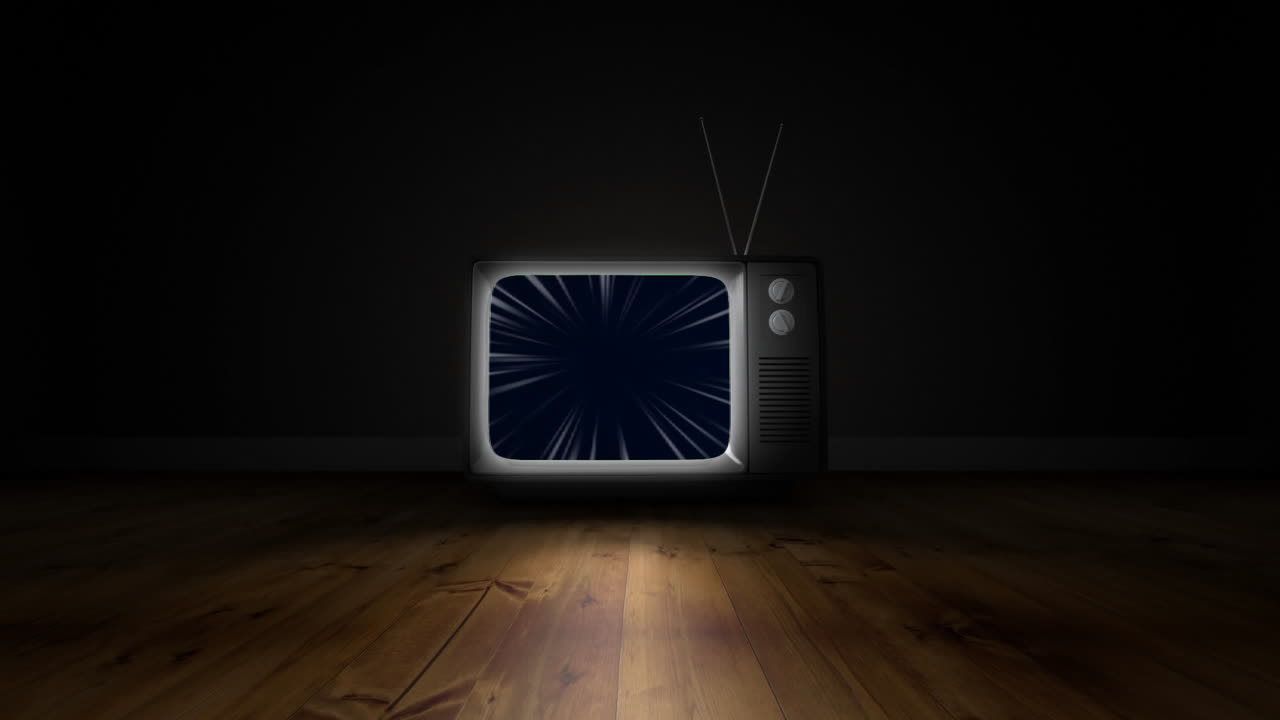 Animazione di TV vintage in una stanza scura con pavimento in legno.