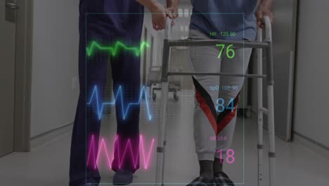animación de datos de signos vitales médicos sobre diversas mujeres médicas y pacientes masculinos con marco para caminar