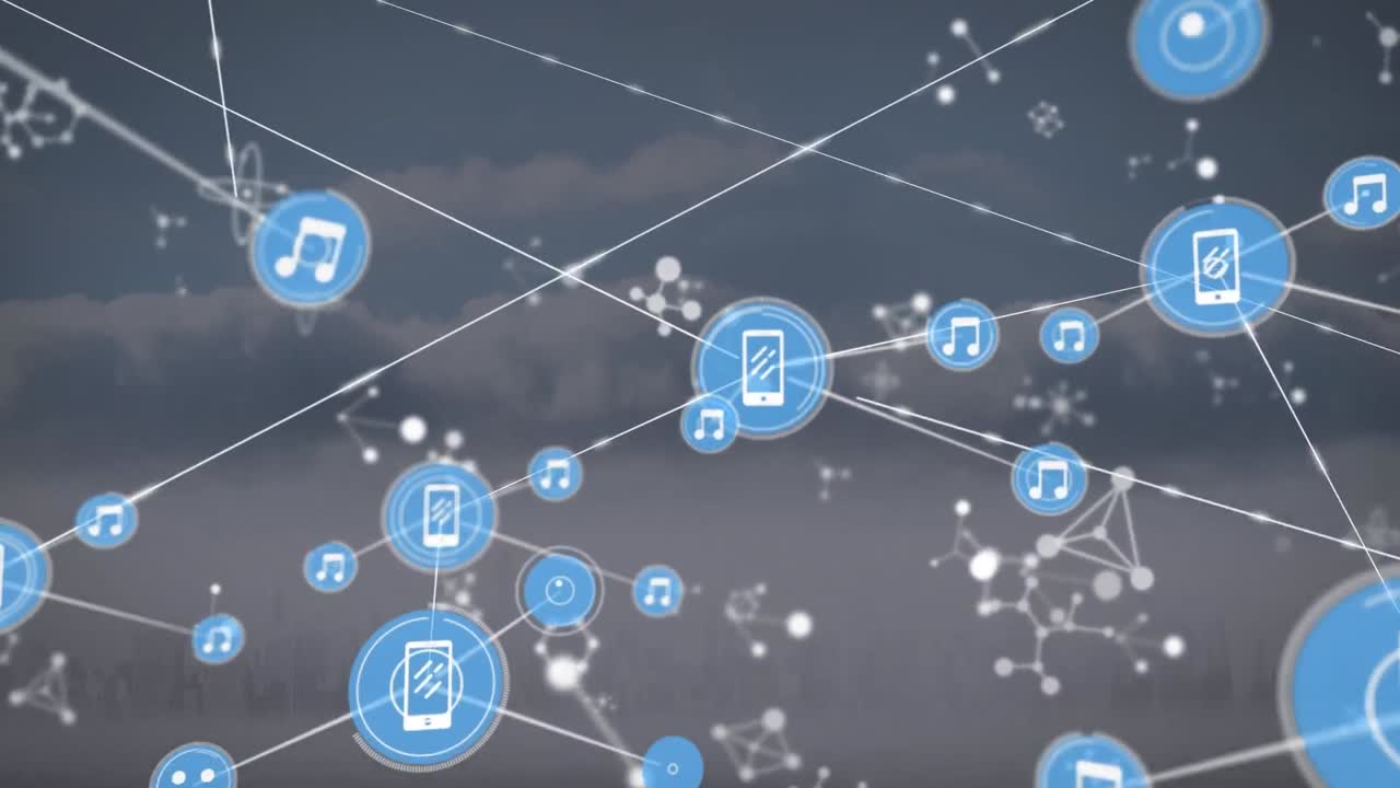 Animation of digital molecules with music and phone icons interconnecting with lines